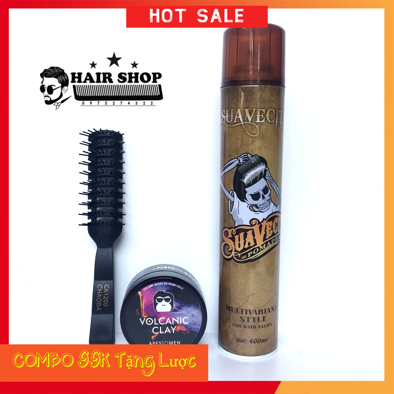 Combo gôm xịt toc suavecsito + sáp vuốt tóc voncalic đen + lược
