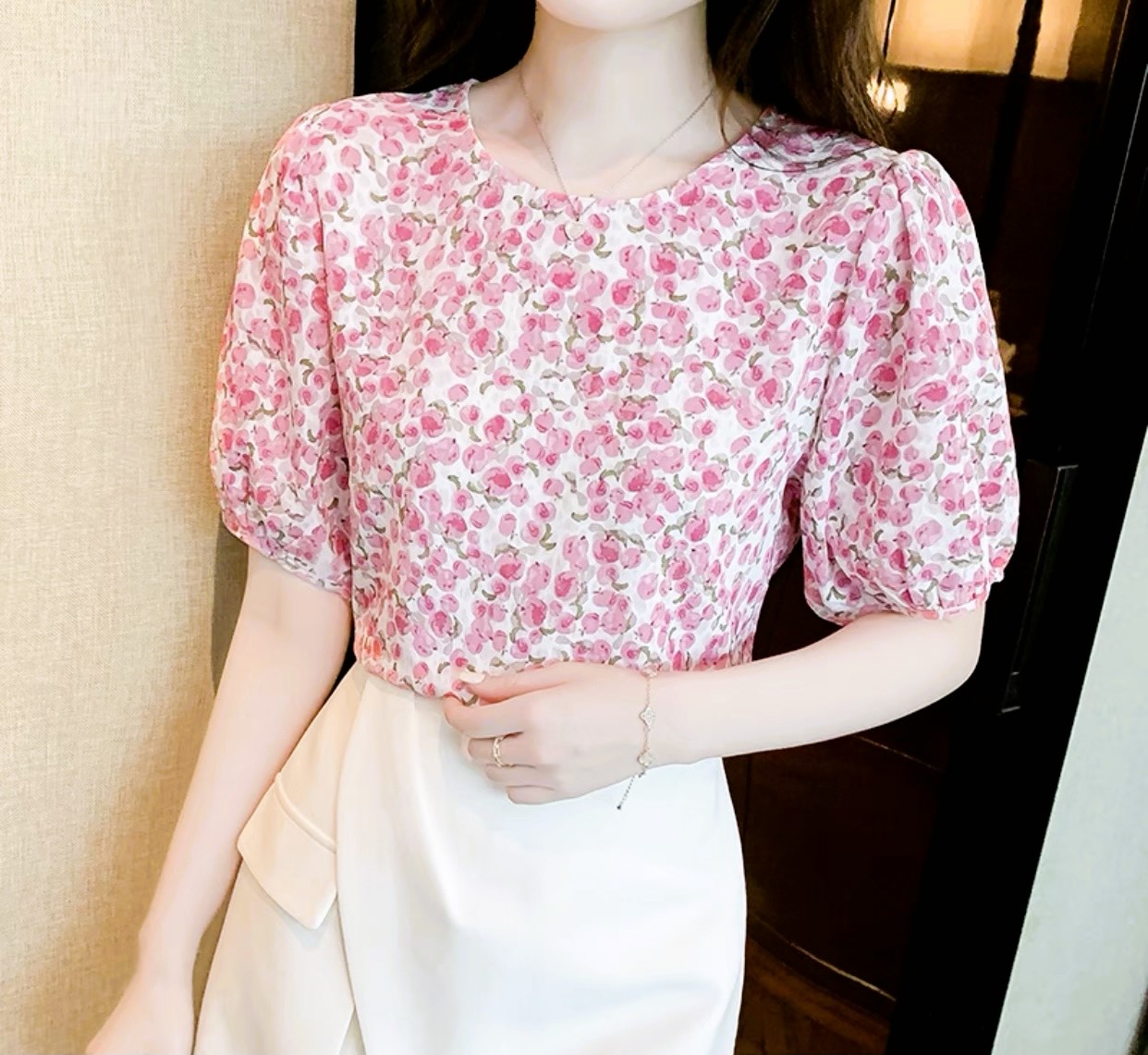 Áo sơ mi trung niên nữ ht trung niên,áo sơ mi nữ tay phồng cổ tròn họa tiết hàn quốc