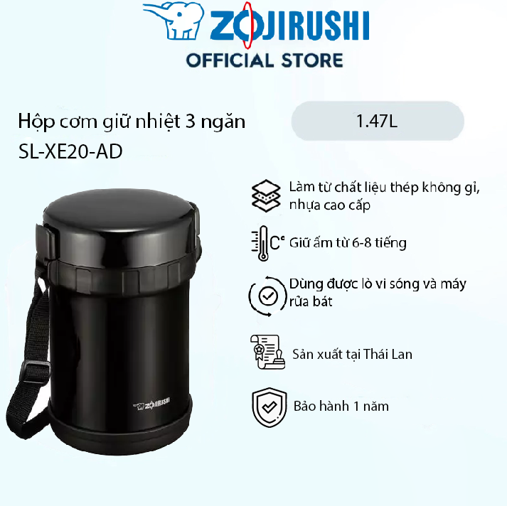Hộp cơm giữ nhiệt 3 ngăn zojirushi sl-xe20-ad 1,47l, bảo hành giữ nhiệt 1 năm chính hãng