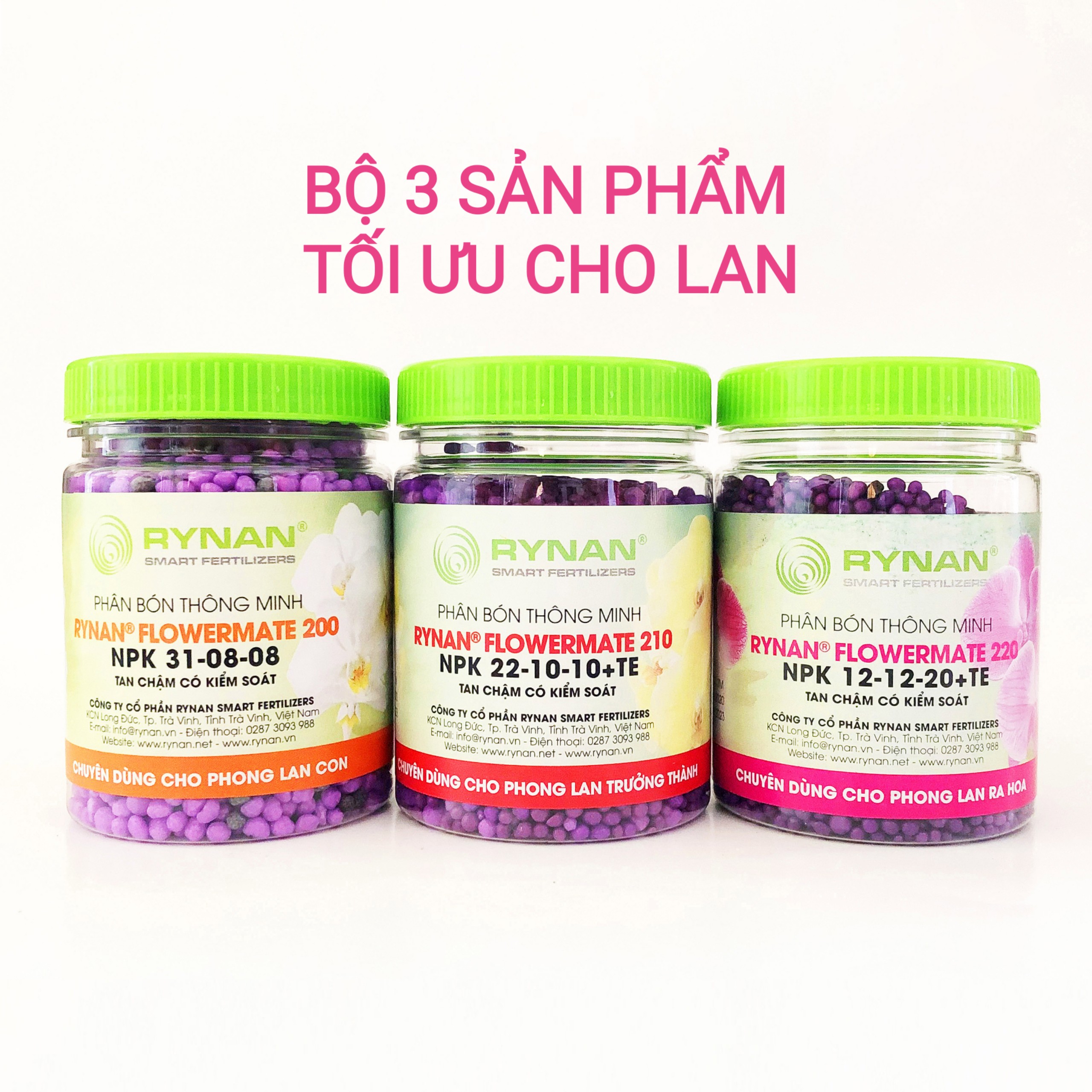 Bộ 3 phân tan chậm thông minh Rynan  31.08.08 cây con Rynan 22-10-10 cây thưởng thành 12-12-20 Kích hoa Chuyên dùng cho Hoa lan