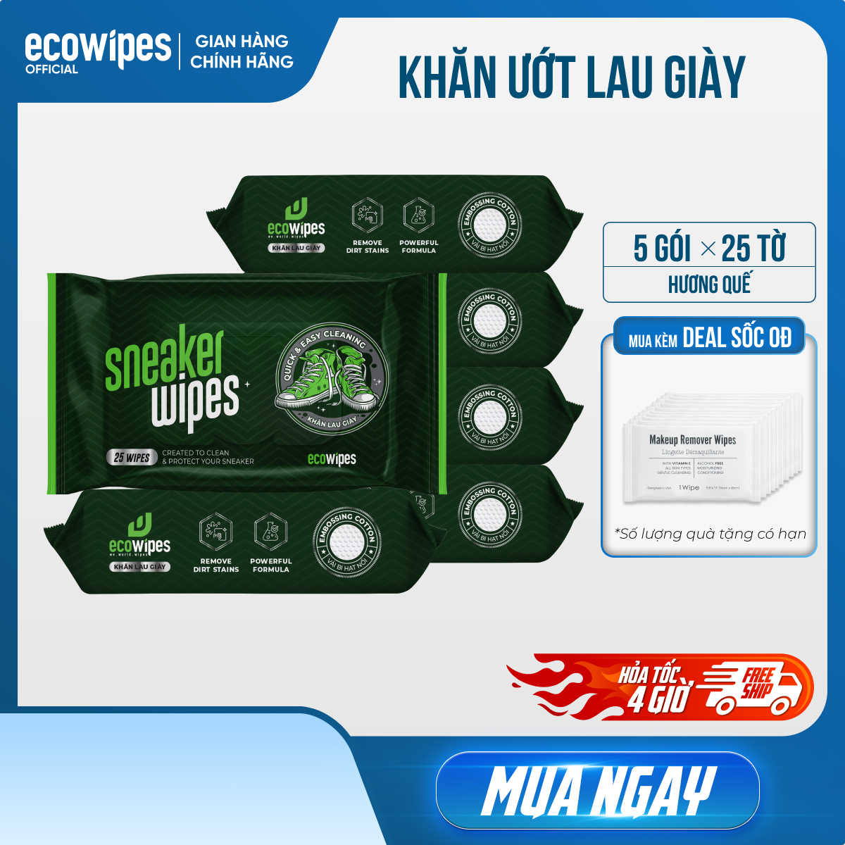  Thùng 05 gói khăn ướt lau giày thể thao siêu sạch Sneaker EcoWipes gói 25 tờ 150g hương quế tạo bọt tự tan làm sạch nhanh chóng 