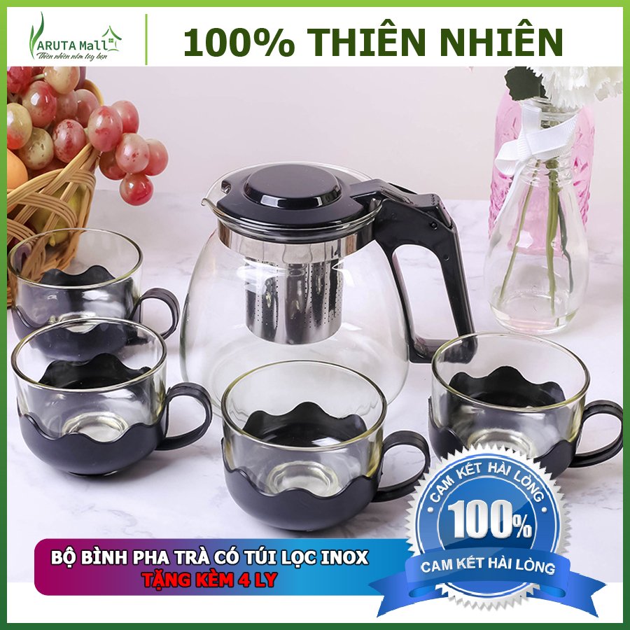 [HCM]Bộ Ấm Pha Trà Thủy Tinh Có Lõi Lọc Tặng Kèm 4 Cốc Cao Cấp