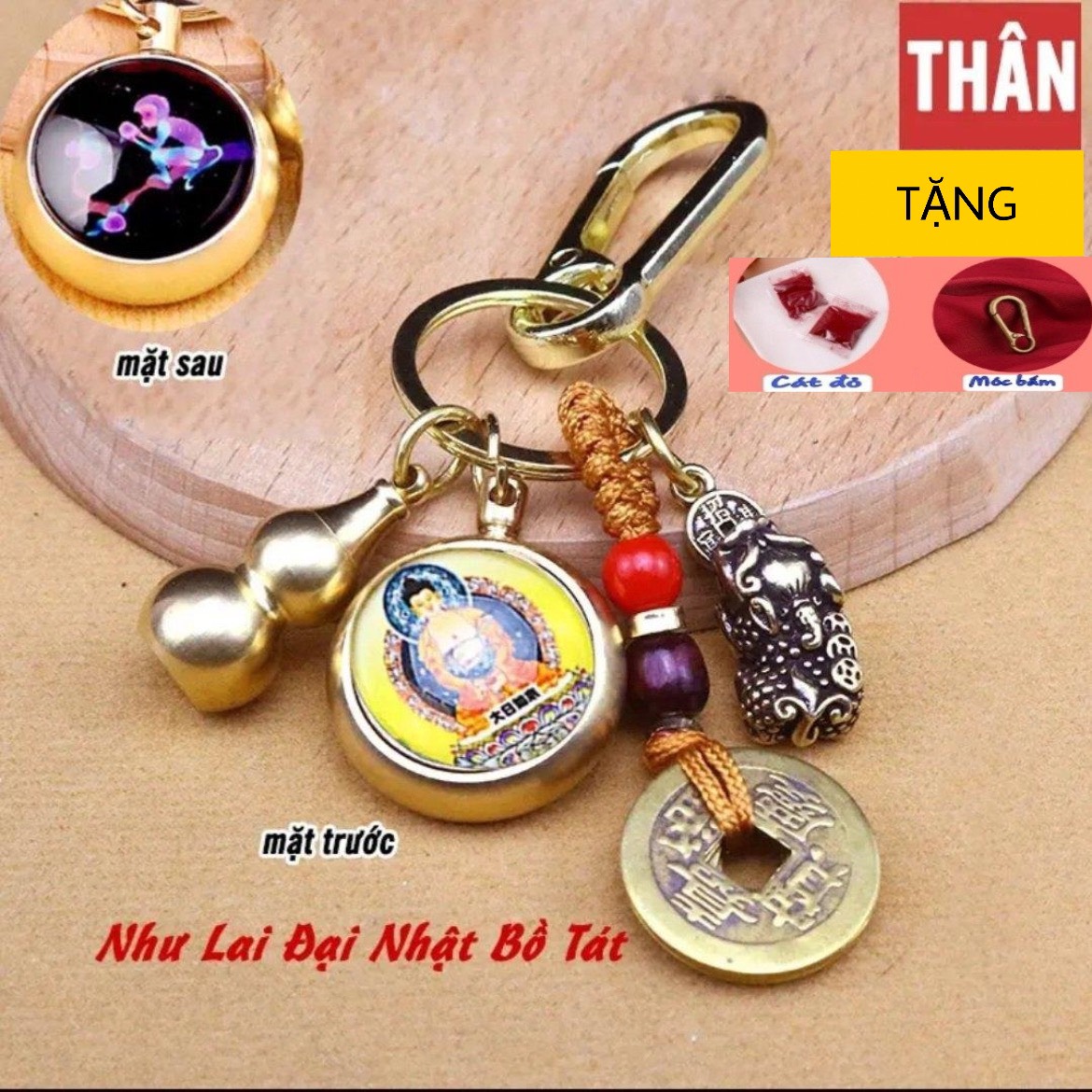 [TẶNG KÈM MÓC BẤM + CÁT CHU SA] Móc Khóa 12 Con Giáp Mix 4 Món Đồng Thau : Phậ.t Bản Mệnh Mặt Trước, Bi 12 Con Giáp Mặt Sau, Tỳ Hưu Ngậm Xu, Hồ Lô Rỗng Mở Nắp, Dây Vàng 5 Đồng Xu Móc Khoá
