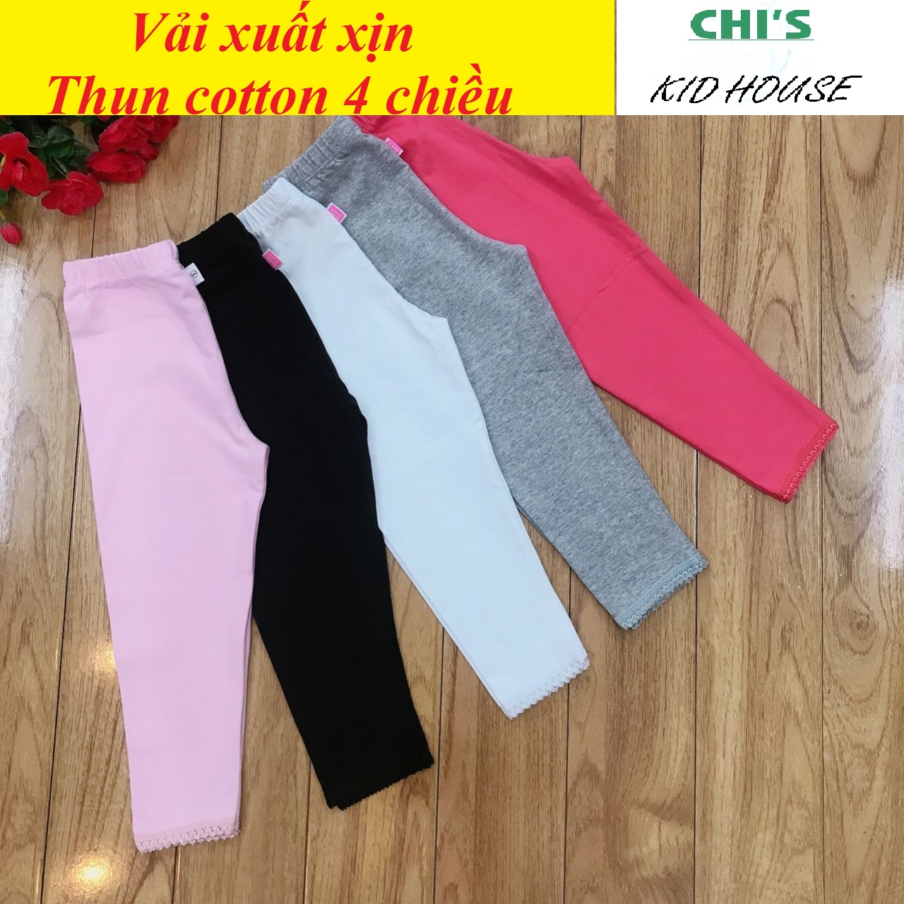 Set 5 quần legging trơn/ quần trơn thun cotton 4 chiều xuất dư xịn cho bé gái 9-41kg