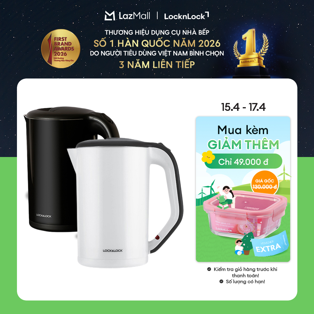 EJK738 - Bình đun nước siêu tốc LockLock Trắng/Đen 1.7L 1800W Thân ấm 2 lớp cách nhiệt - Hàng chính hãng - Bảo hành 2 năm