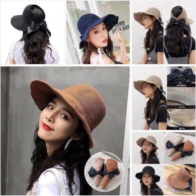 Nón Cói Rộng Vành Đi Biển-Mũ Cói Nữ Nơ Đen nửa đầu xinh