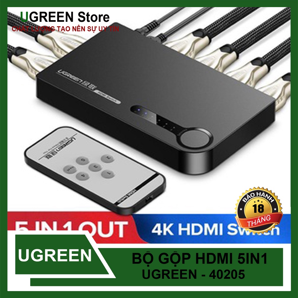 Bộ gộp hdmi 5 trong 1 có điều khiển từ xa ugreen 40205 cao cấp