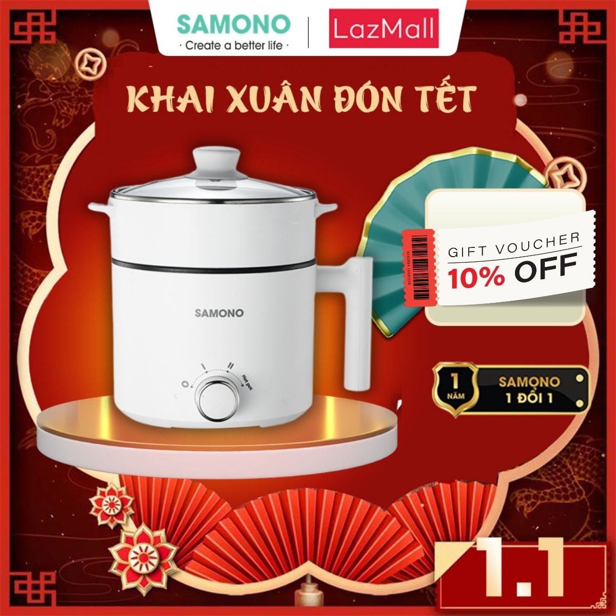 (BH 1 năm) Nồi điện đa năng Samono SW-DG04S lẩu điện 1.5L chống dính, 3 mức nhiệt 150W &450W & hotpot, kèm xửng hấp inox