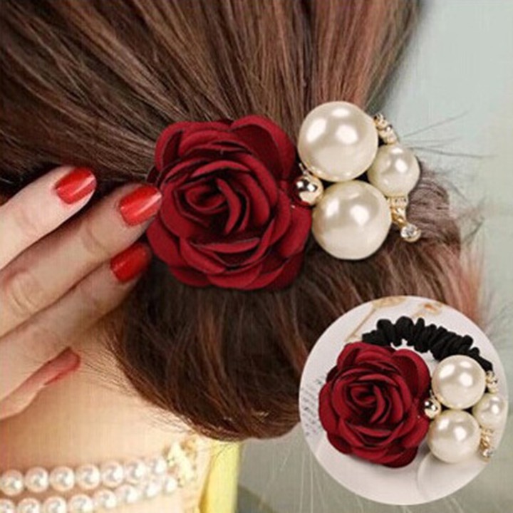 Ch079 cột tóc hoa hồng phối ngọc trai (nhân tạo) handmade cam kết hàng đúng mô tả chất lượng đảm bảo an toàn đến sức khỏe người sử dụng