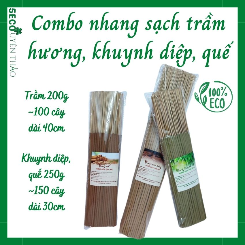Bộ 3 nhang sạch quế, khuynh diệp, trầm huơng An An shop Uyên Thảo, , gói 200gr đến 250gr, dài 30cm đến 40cm, hoàn toàn tự nhiên, không hóa chất, không cuộn tàn, thờ cúng, xông nhà, đuỗi muỗi, an toàn cho bà bầu và trẻ
