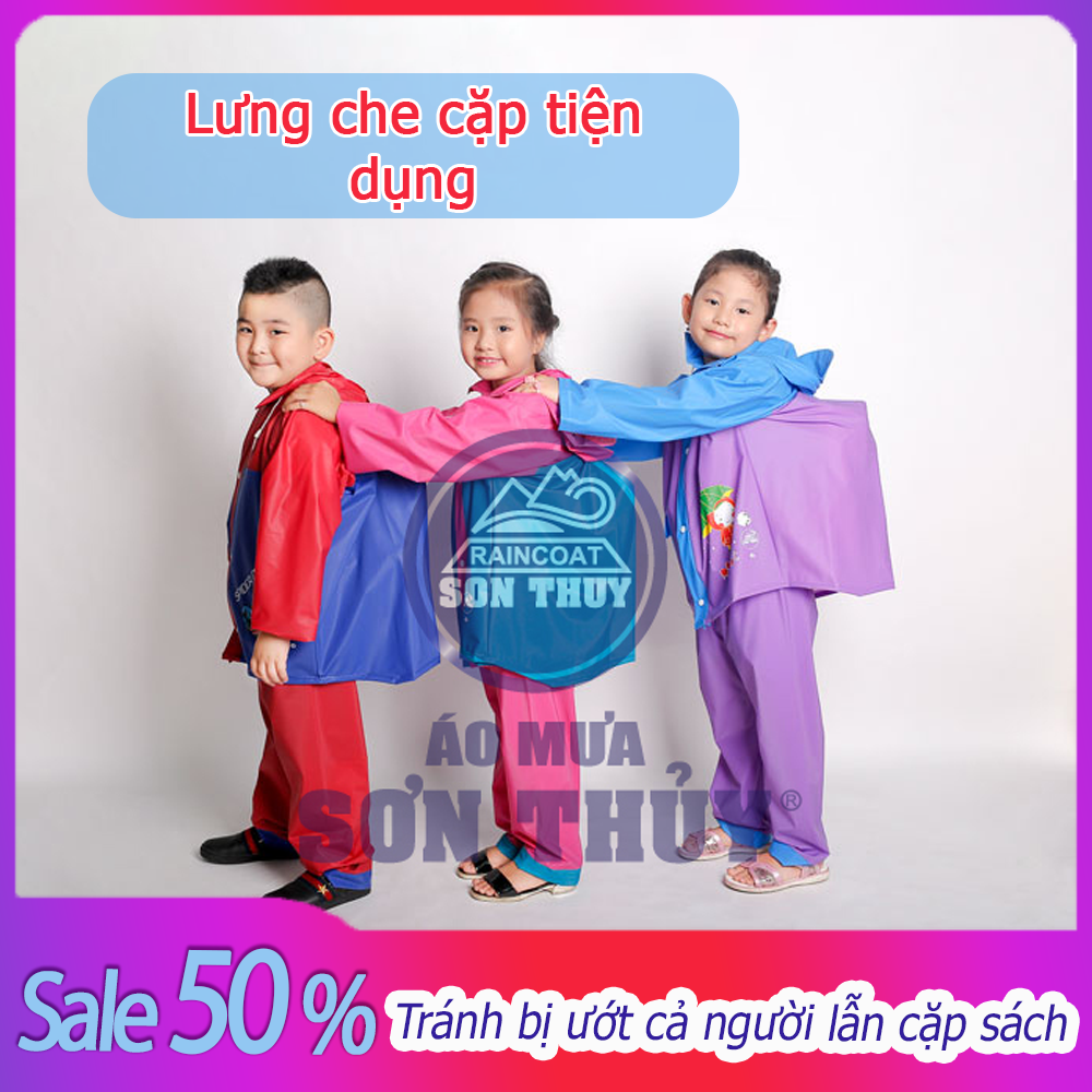 Áo mưa cho bé, Áo mưa bộ, Bộ quần áo mưa có lưng che cặp trẻ em - Bảo vệ bé và cặp sách- Hàng công ty Sơn Thủy - Chất liệu PVC có độ bền cao, sang trọng
