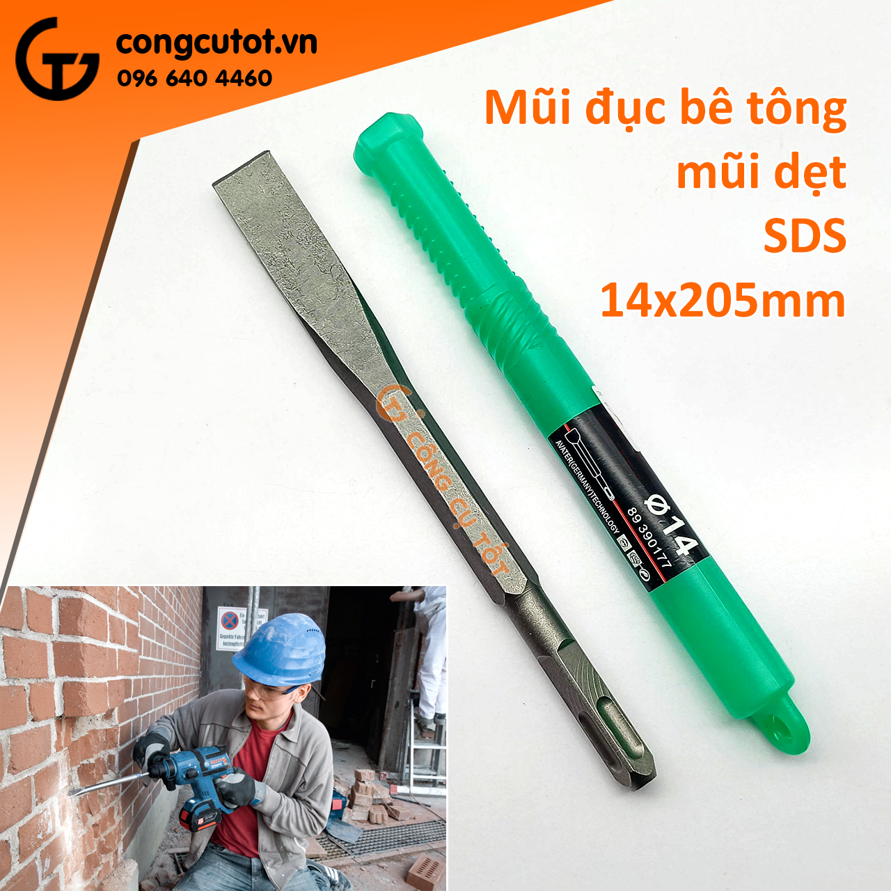 Mũi đục bê tông dẹt 14mm chuôi gài vuông
