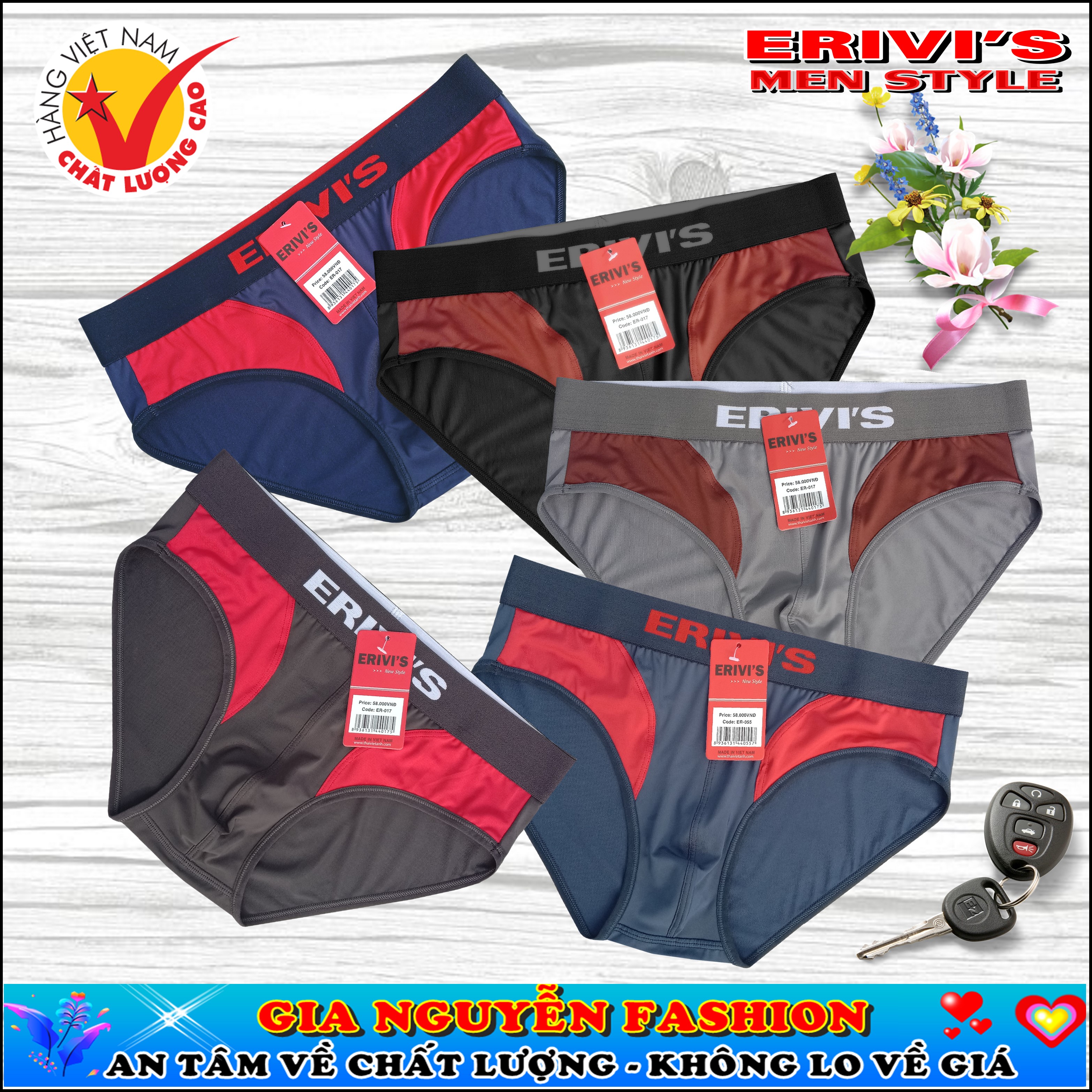 [HCM] Bộ 4 Quần lót nam, quần sịp nam Thun lạnh phối màu, thương hiệu ERIVIS VN Cao cấp