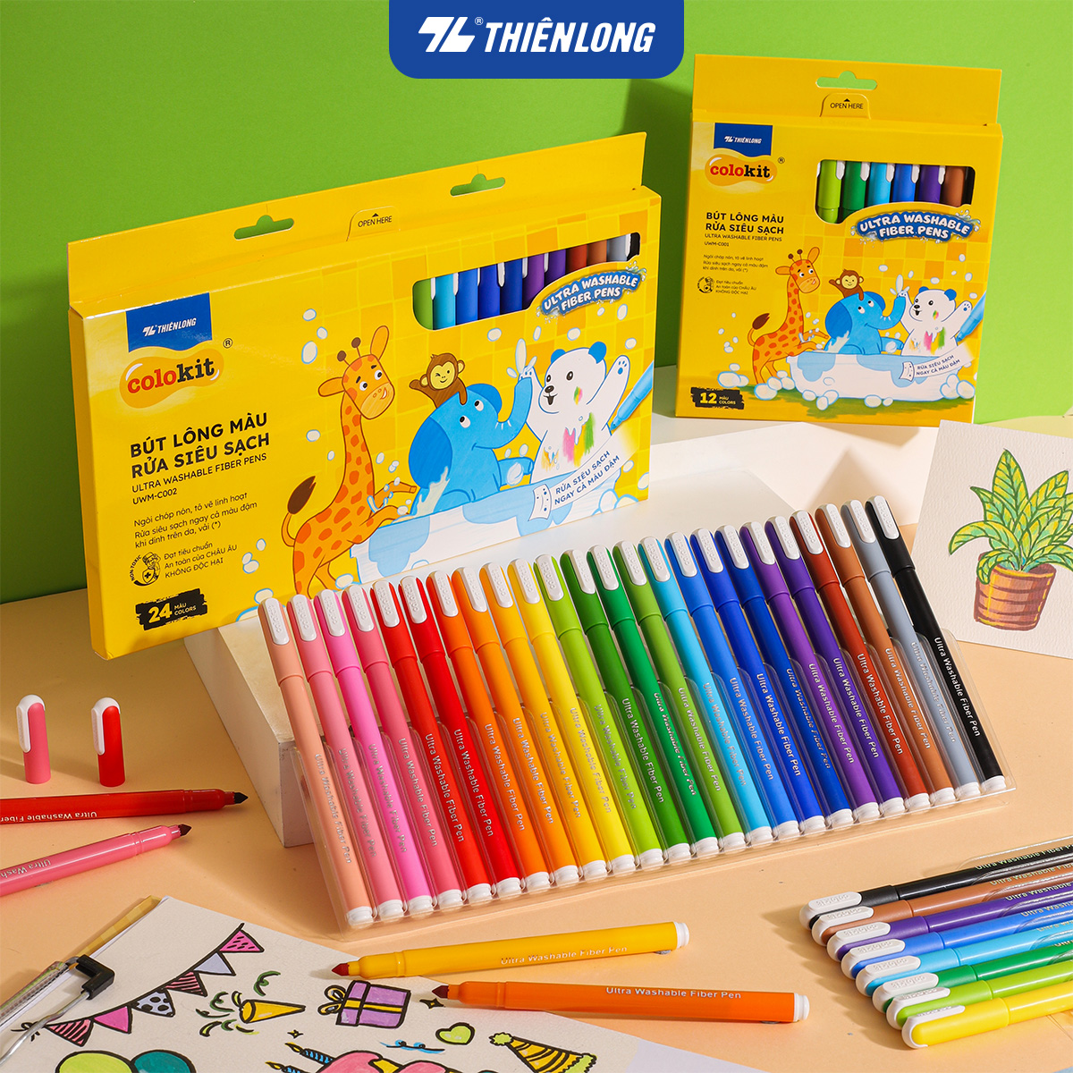  Bút lông 12 24 màu rửa siêu sạch - Ultra Washable Fiber Pen Thiên Long Colokit 