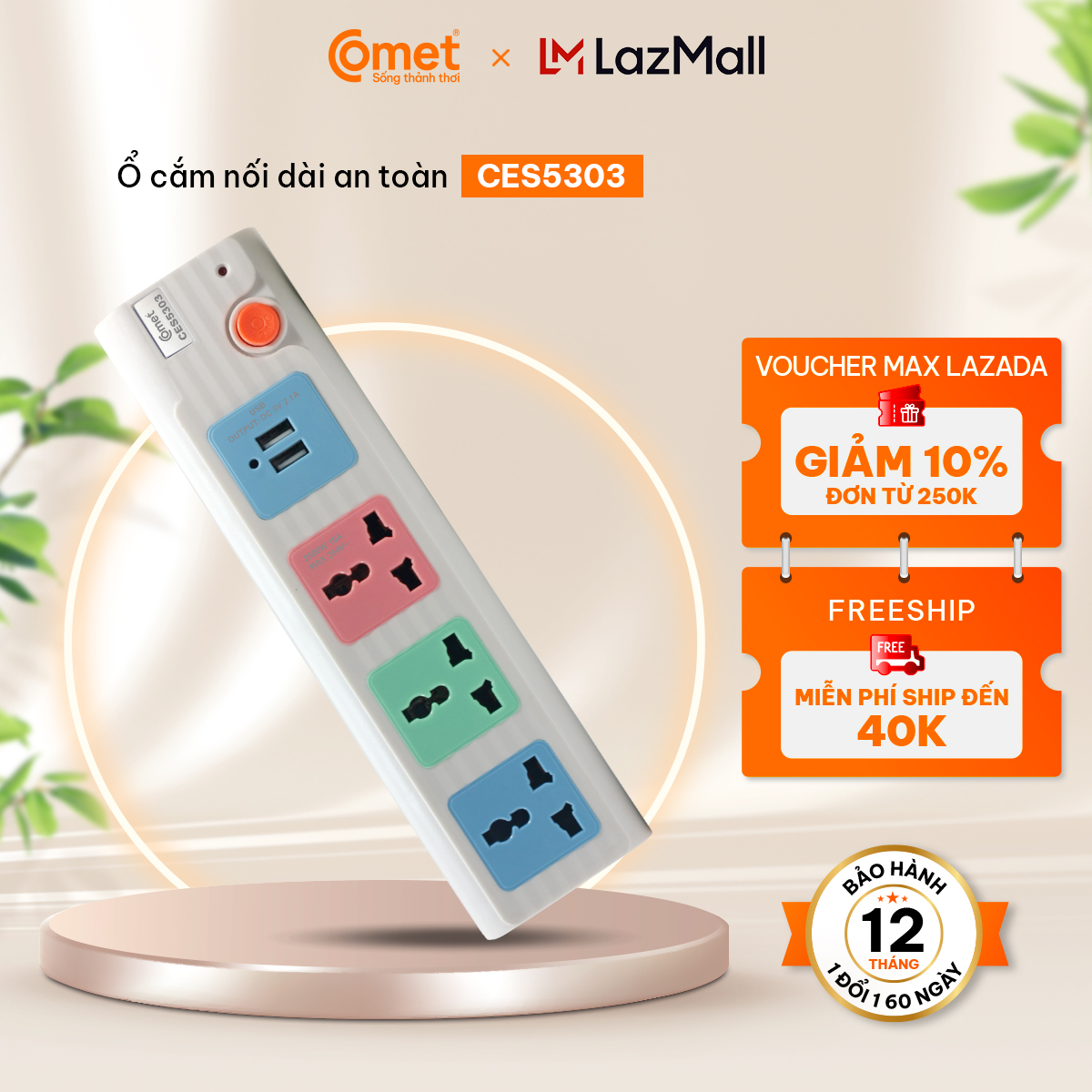 Ổ Cắm Điện Tích Hợp Cổng USB Comet CES5303 nhựa ABS chịu nhiệt cao, 03 lỗ cắm 3 chấu đa năng và 02 cổng sạc USB, dây 3m - Hàng Chính Hãng