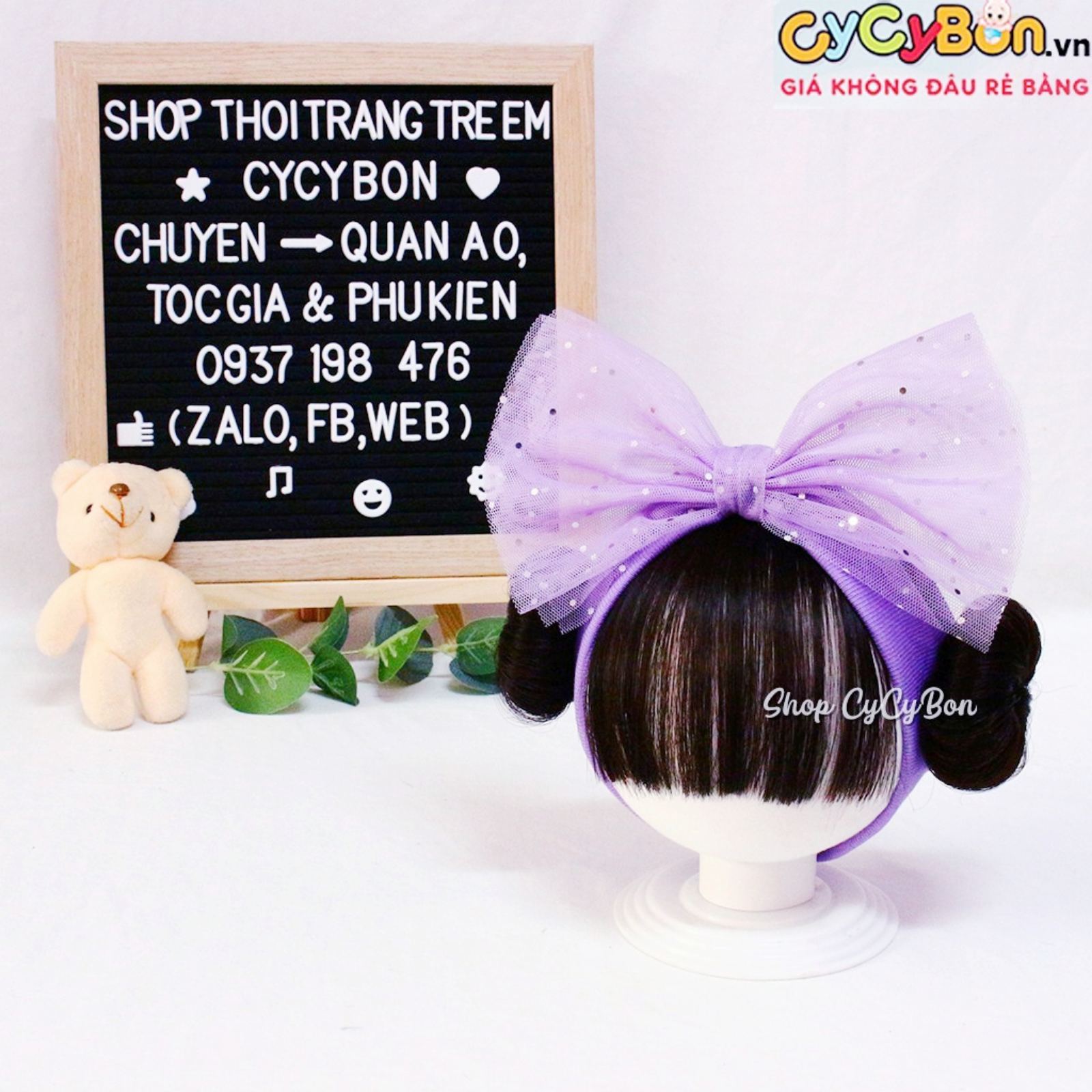 Băng đô tóc giả cho bé gái có tóc mái họa tiết nơ tím