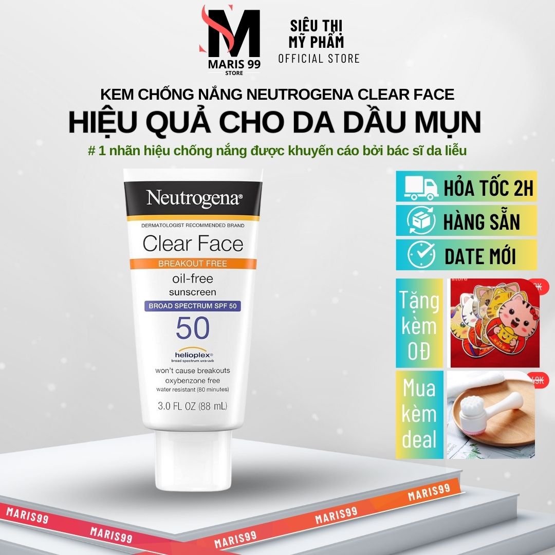 Kem Chống Nắng Neutrogena Clear Face Break Out Free Oil Free Sunscreen Broad Spectrum Spf50 (88ml) _Bchoice