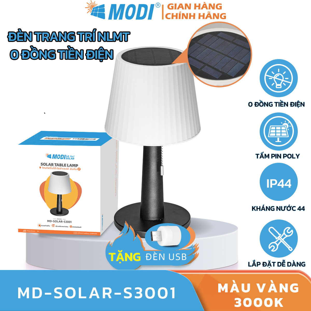 Đèn ngủ để bàn năng lượng mặt trời modi solar, đèn trang trí phòng khách, phòng ngủ, kháng nước ip44