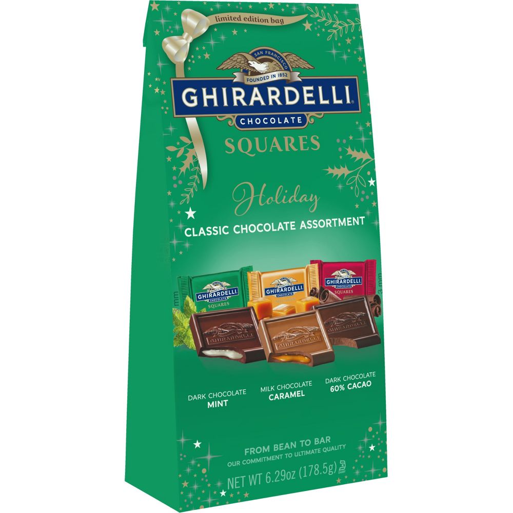 TÚI MIX 3 LOẠI CLASSIC SOCOLA Ghirardelli Holiday Chocolate Assortment Bag - Milk Chocolate Caramel, Dark Chocolate Mint and 60% Cacao Dark Chocolate, 178.5g (6.29 oz)