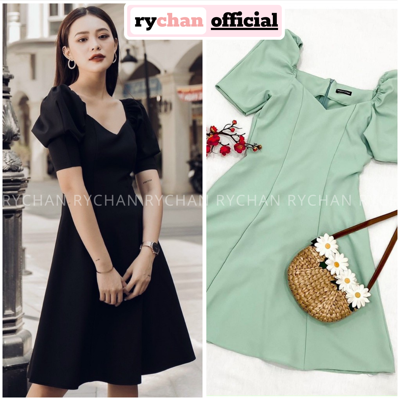 Đầm xòe cổ v tay phồng vai nhún bẹt vai - dx0037