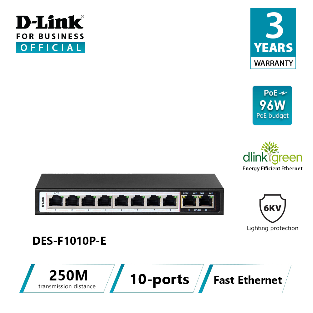 D-LINK DES-F1010P-E  Bộ chia cổng mạng 250M 10 cổng Port 10/100 8 cổng PoE