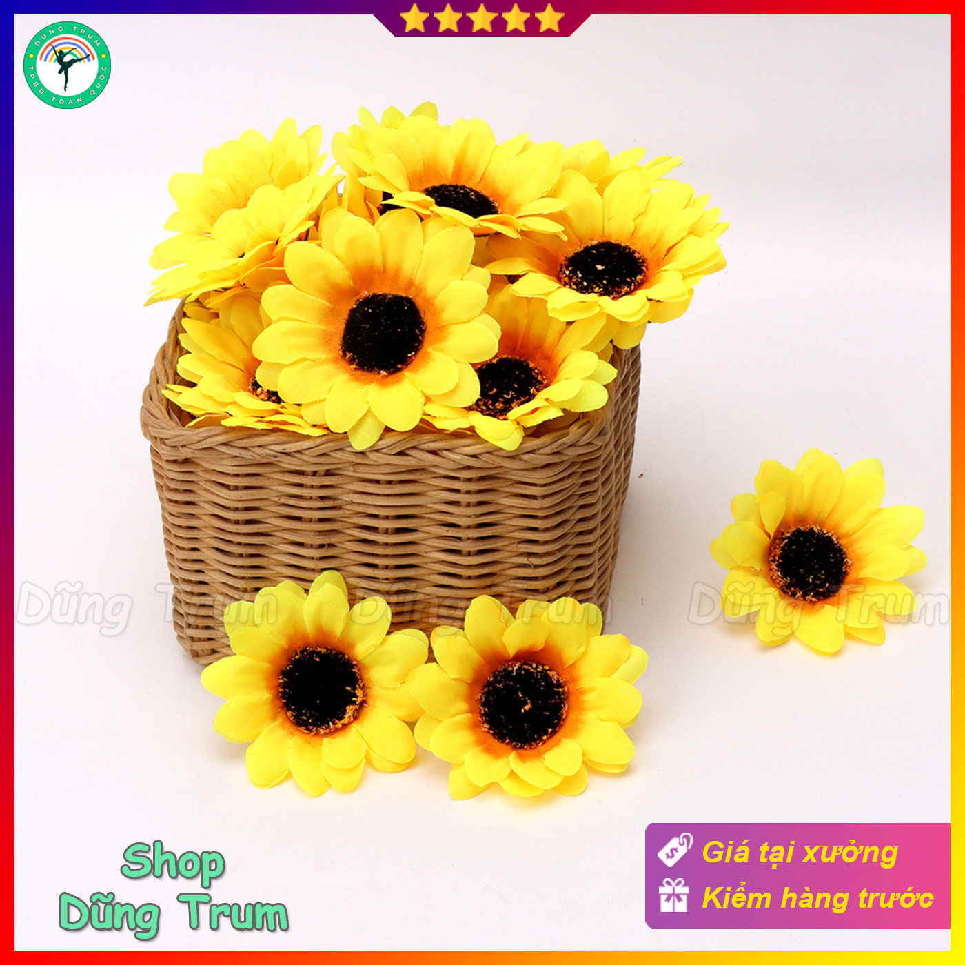 Hoa hướng dương đầu bông đường kính 7cm vải lụa trang trí phụ kiện