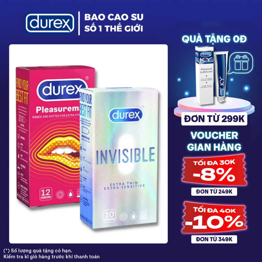 2 Hộp Bao cao su nam nữ Durex Invisible Extra Thin cực siêu mỏng + Bao cao su nam có gai Durex Pleasuremax tắng khoái cảm [Che tên SP 100%]