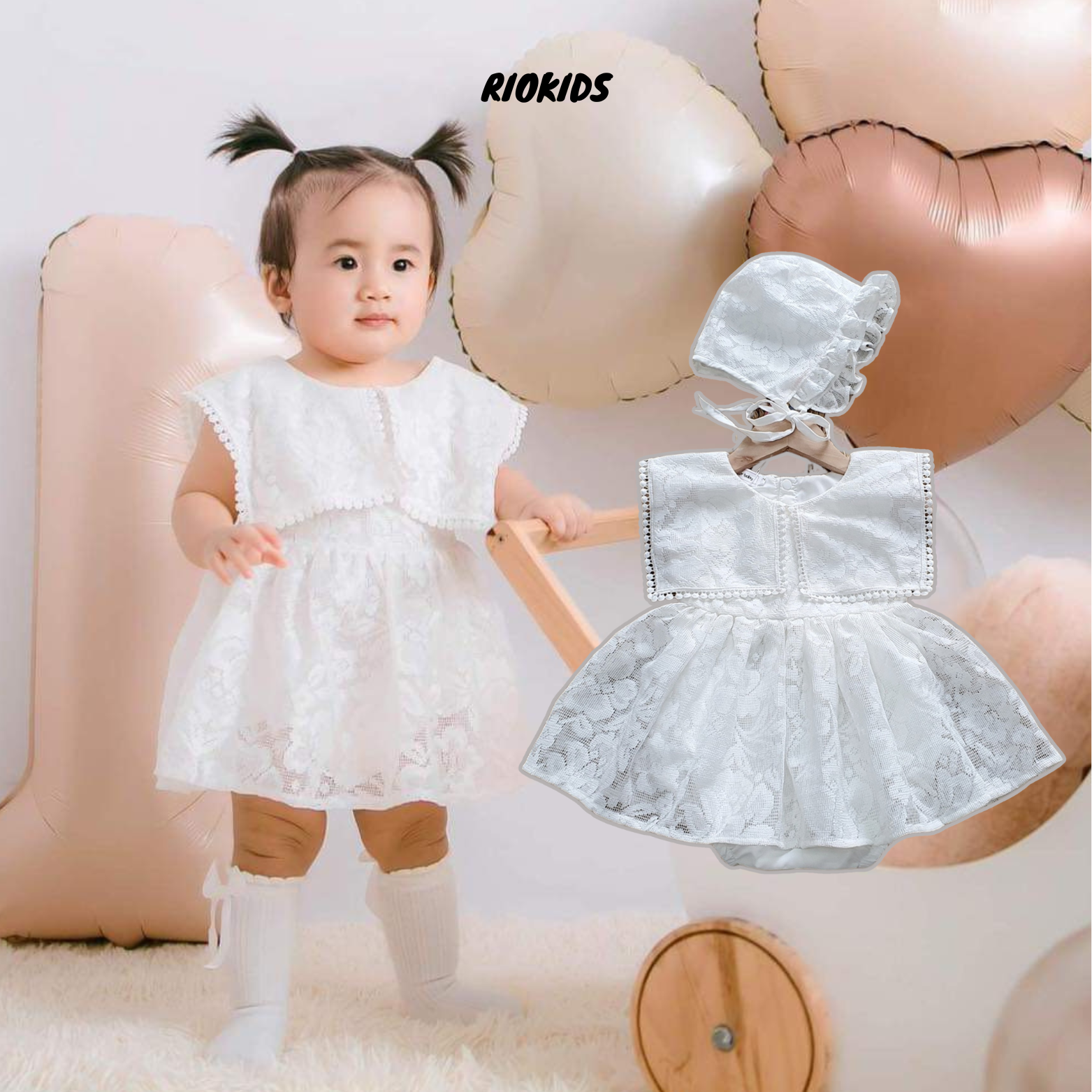BD73 Body váy ren cao cấp Riokids cho bé gái sơ sinh -12kg diện thôi nôi, đầy tháng, sinh nhật kèm nón xinh xắn