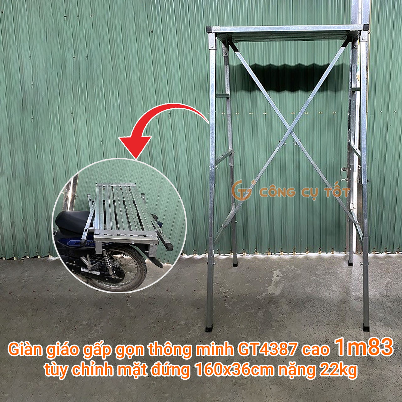 Ghế xếp công trình - Giàn giáo di động đa năng - chiều cao có thể thay đổi theo ý muốn - giàn giáo gấp gọn GT4387 cao 1m83 tùy chỉnh mặt đứng 160x36cm nặng 22kg