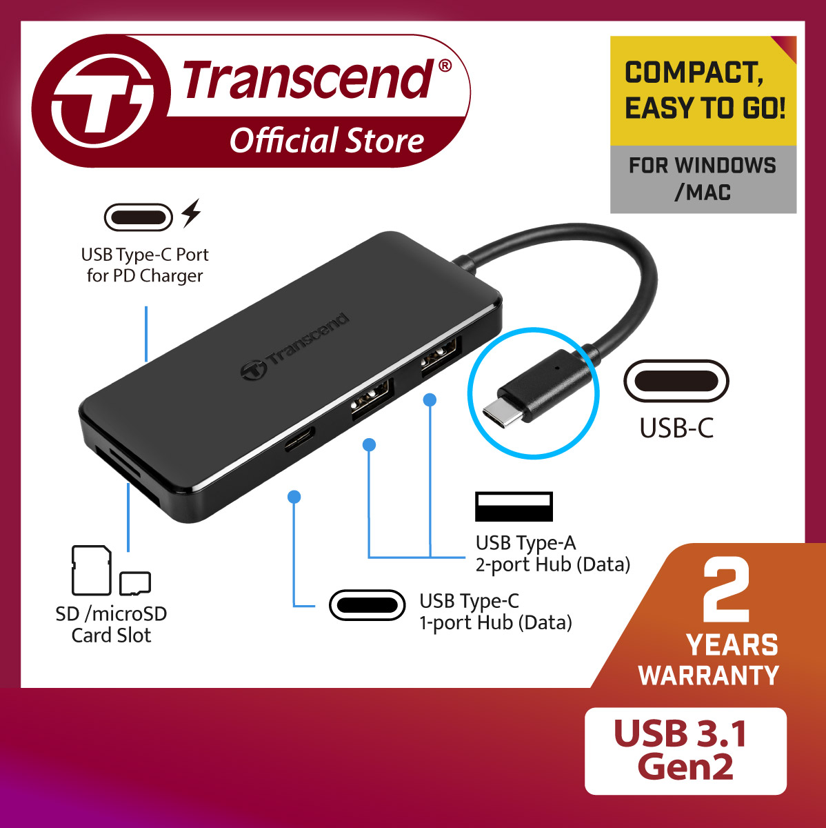 Bộ chia cổng 6-in-1 type-c hub5c transcend - hàng chính hãng