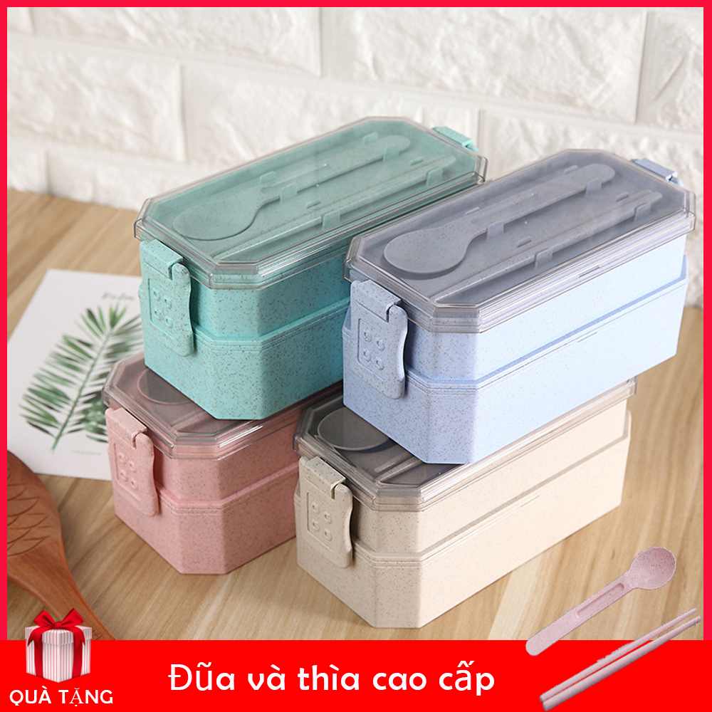 Hộp Đựng Cơm Lúa mạch 2 tầng kèm đũa thìa, Hộp cơm lúa mạch An toàn tiện dụng