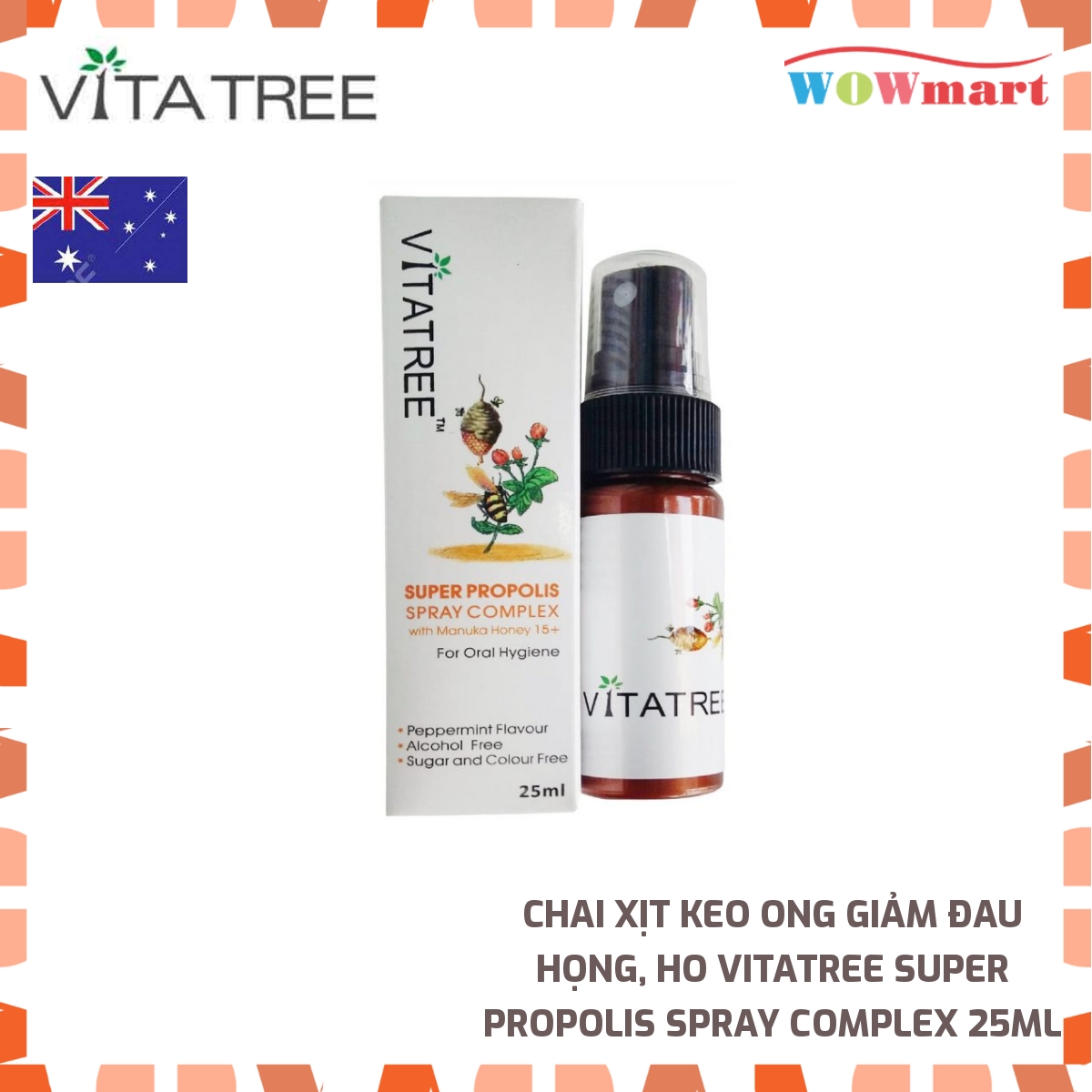 Chai xịt keo ong giảm đau họng, ho Vitatree Super Propolis Spray Complex 25ml