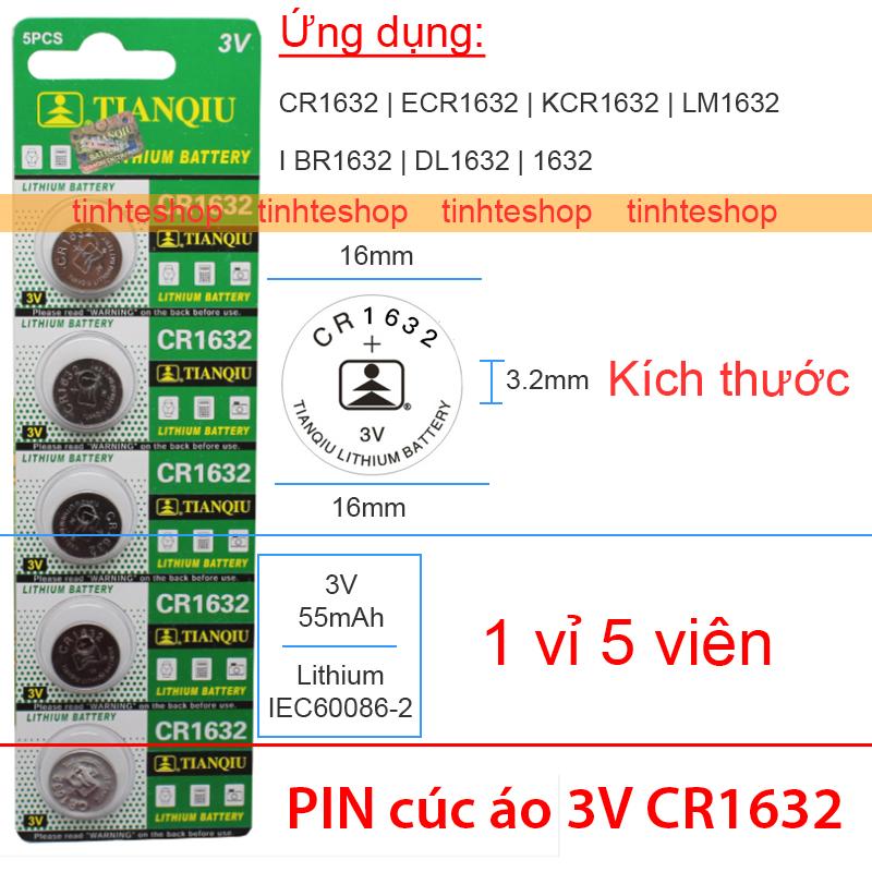Pin CR1632 ECR1632 KCR1632 LM1632 BR1632 DL1632 1632 dùng cho Máy tính Đồng hồ Điều khiển (lithium 3V-55mAh) 1 vỉ - 5 viên Tianqiu