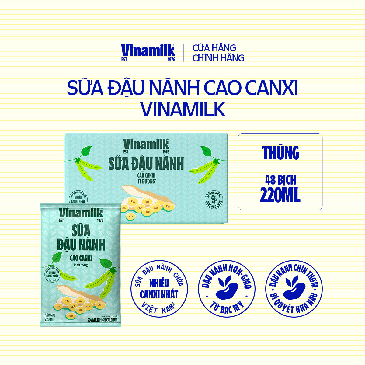 Bộ 2 thùng (96 bịch) sữa đậu nành Vinamilk gấp đôi canxi 220ml