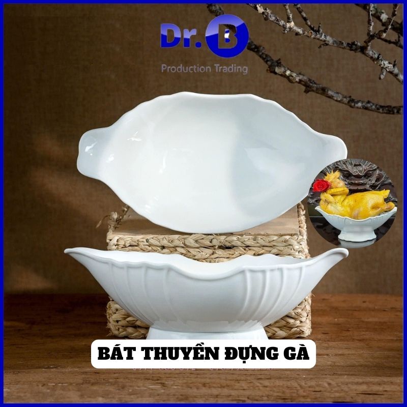Bát thuyền đựng gà cúng nguyên con, hoa quả gốm sứ Bát Tràng men trắng dày cao cấp GiadungDrB