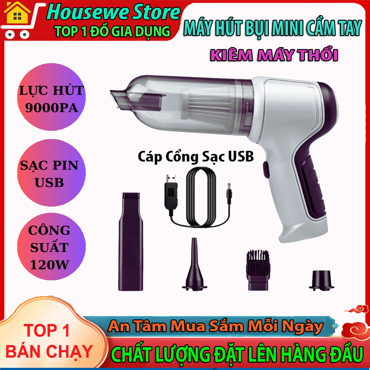 Máy hút bụi kiêm thổi bụi cầm tay không dây - máy hút bụi mini cầm tay công suất 120w lực hút 9000pa sạc pin tích điện, máy hút bụi mini đa năng siêu mạnh, máy hút bụi cầm tay mini, máy hút bụi ô tô cầm tay mini