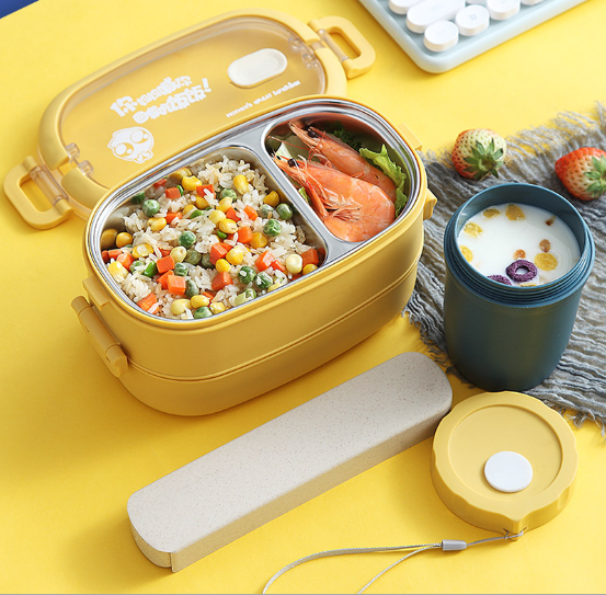 [Tặng CỐC đựng canh+THÌA ĐŨA Inox] Hộp Cơm Văn Phòng 2 Tầng Ruột Inox Kèm Thìa đũa