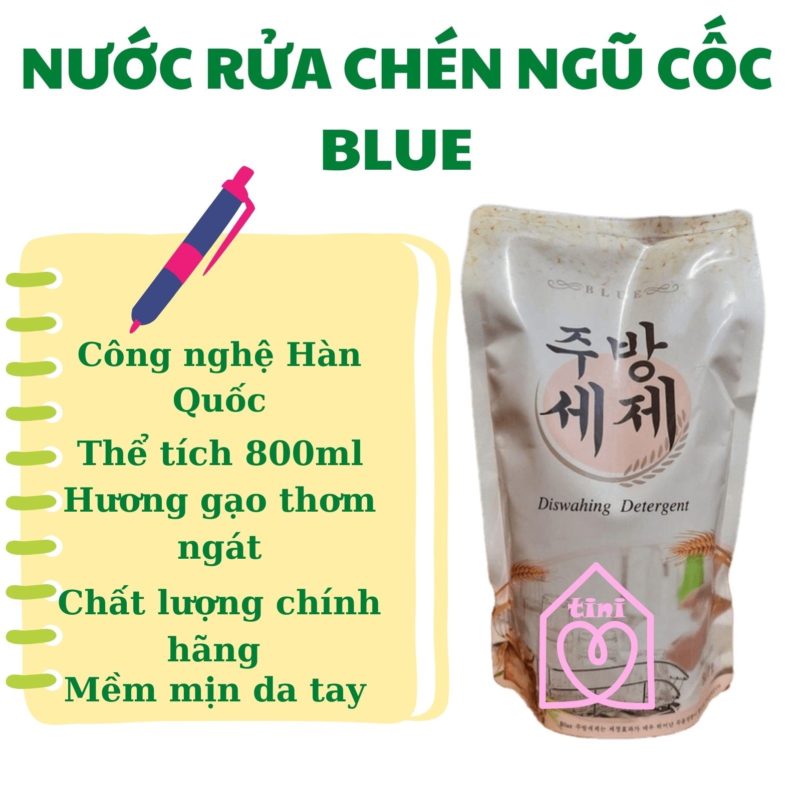 Nước rửa chén gạo blue hàn quốc túi 800ml