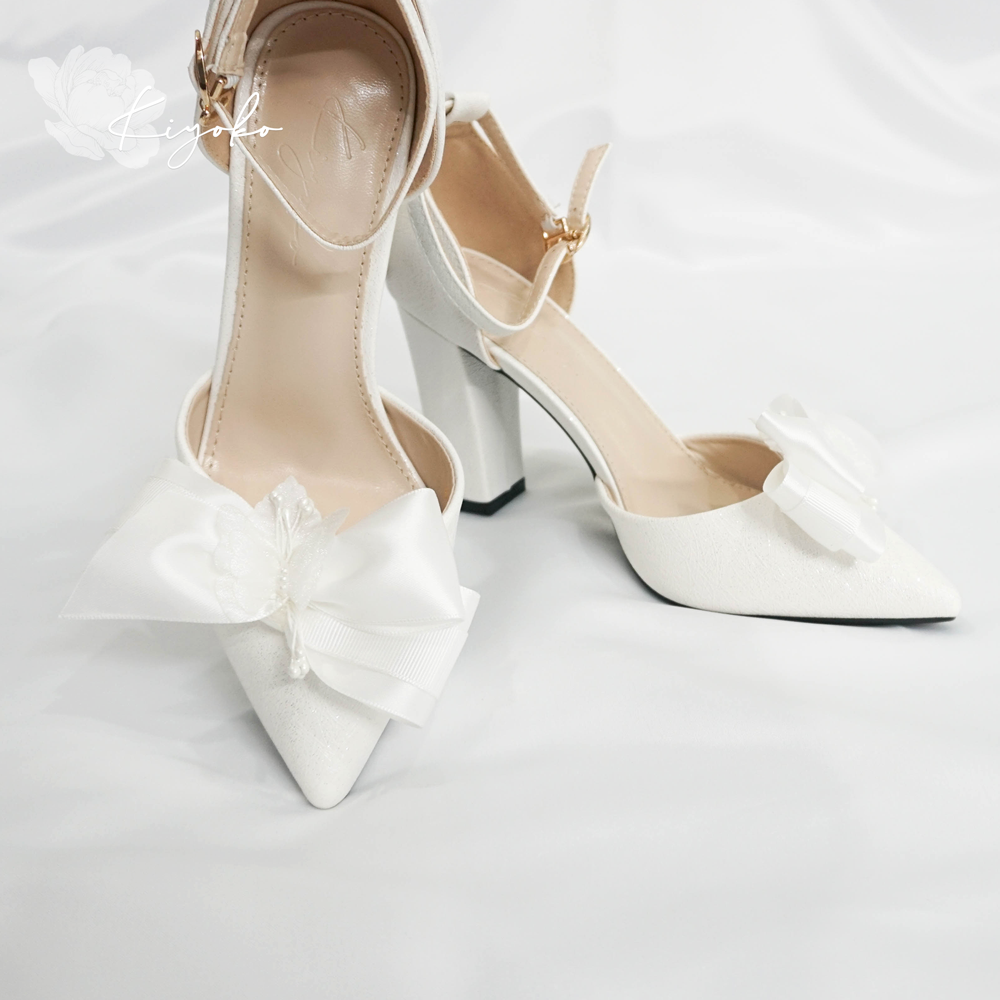 Giày cưới Kiyoko đế vuông đính nơ satin cao 9cm