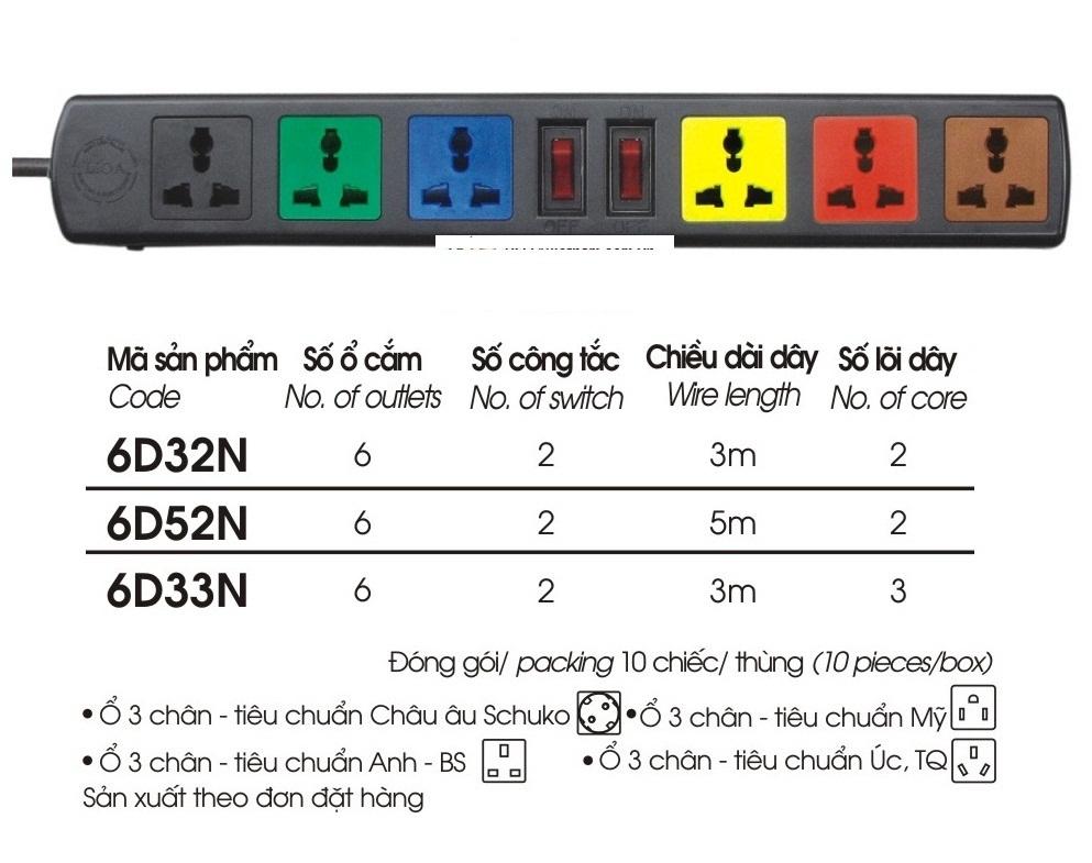 Ổ cắm lioa 6d52n - 5mx2