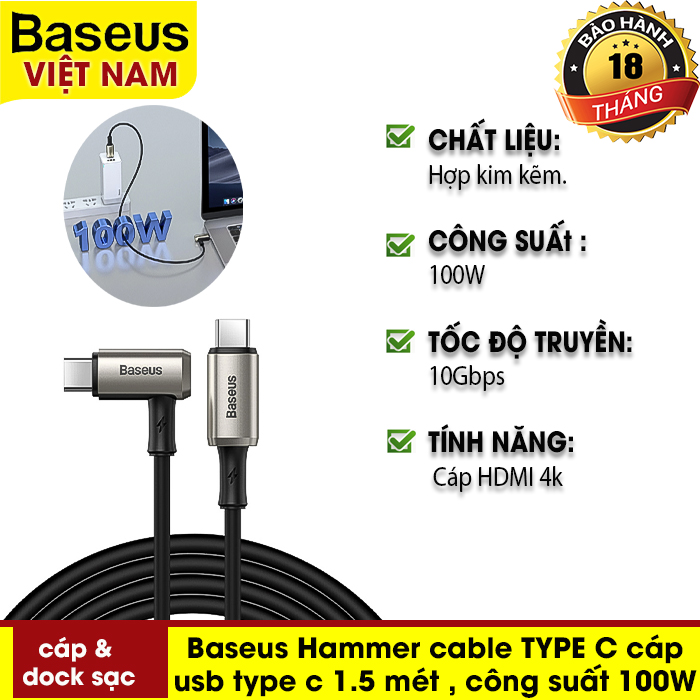 Cáp USB { Baseus Hammer cable TYPE C } 1.5 mét công suất 100W tốc độ truyền tải 10Gbps. Cho Macbook iPad Pro dây Cáp Sạc Nhanh Quick Charge 4.0