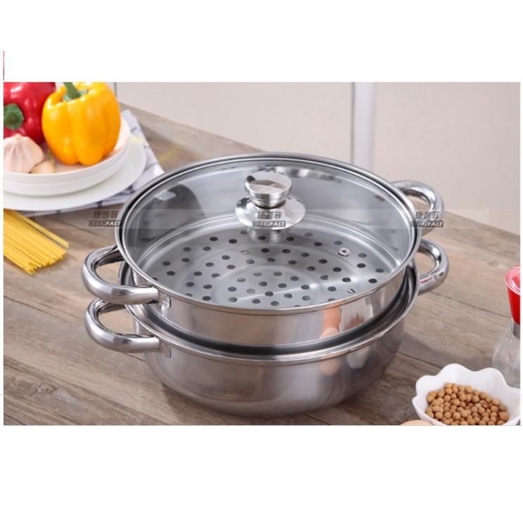 Nồi lẩu kiêm nồi hấp 2 tầng inox nắp thủy tinh cao cấp - Nồi dày, đa dụng