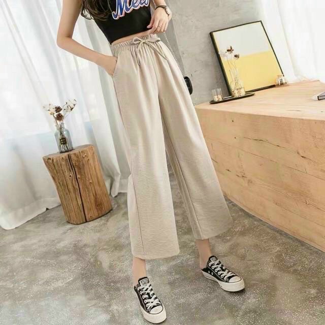[ Voucher 50k Freeship Max 0 đồng toàn quốc ] quần nữ ống rộng chất đũi, quần nữ lưng thun, quần ống suông hai màu đen, tắng, quần mặc đi chơi, đi học, quần lững chất đũi - đt