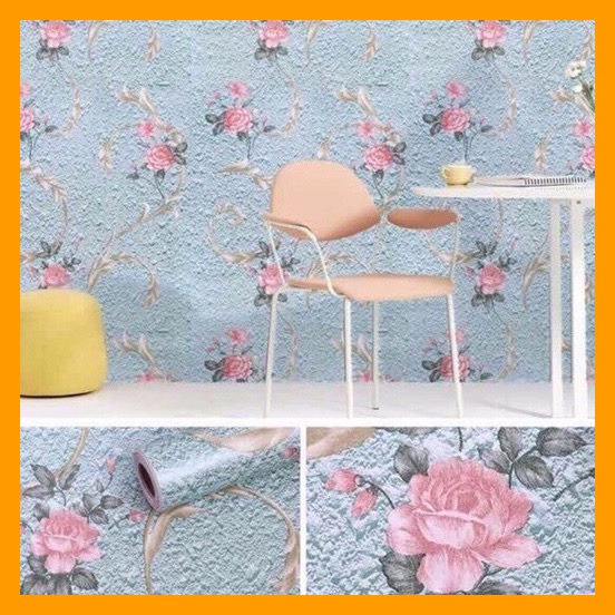 10M Giấy Dán Tường Sẵn Keo Hoa Hồng Nền Đá Xanh (45cm x 10m). Độ bền cao keo bám chắc tuổi thọ giấy lâu.