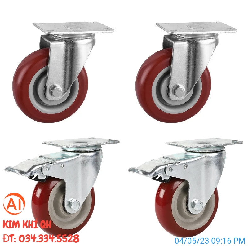 Combo 4 bánh xe đẩy hàng chịu lực cao D 10cm - 2 bánh xoay và 2 bánh xoay có khóa - Màu đỏ mận