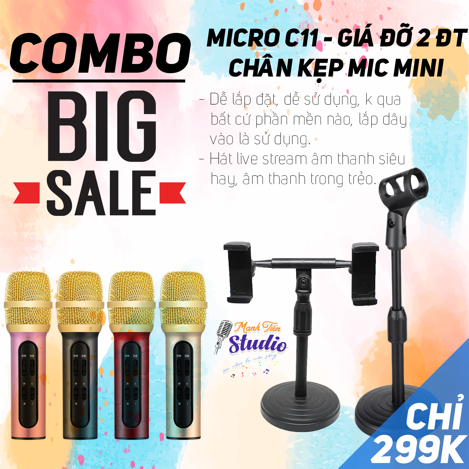 [Giá sock]Micro live stream C11, chân kẹp micro mini, giá đỡ 2 điện thoại - Bộ combo livestream, thu âm, karaoke online trên facebook, bigo, cctalk tiện lợi, dễ sử dụng, đầy đủ phụ kiện - Tặng kèm tai nghe nhét tai - Bảo hành 12 tháng