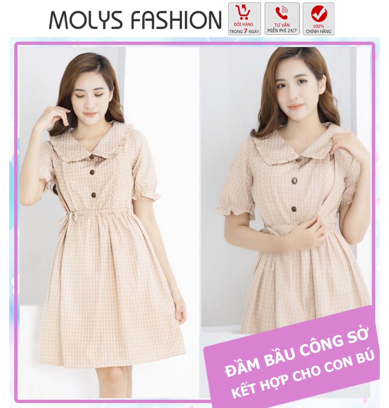 Váy bầu và sau sinh cho con bú Molys M2240 Molys kẻ caro cổ bèo, sản phẩm có mẫu mã đa đạng, chất liệu vải tốt, mang lại cảm giác thoải mái cho người sử dụng