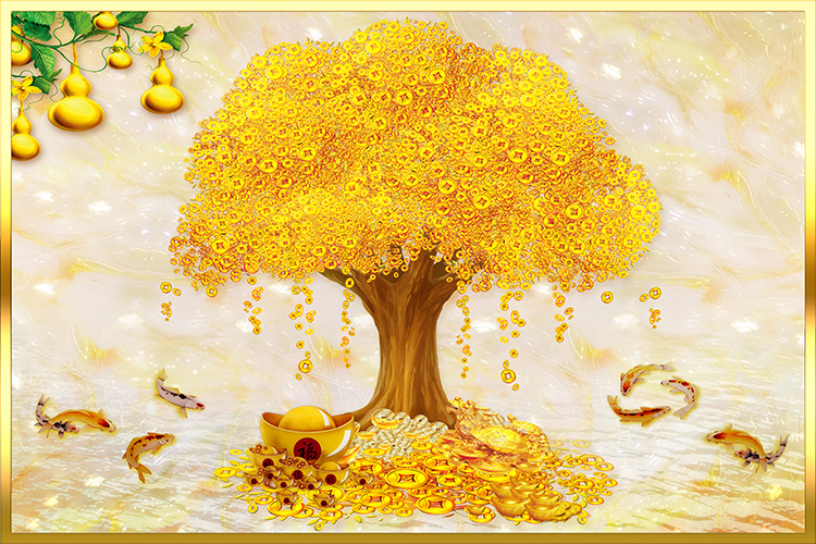 Tranh dán tường VTC Cây Tài Lộc nhiều mẫu mã và kích thước chất liệu pp Kim sa