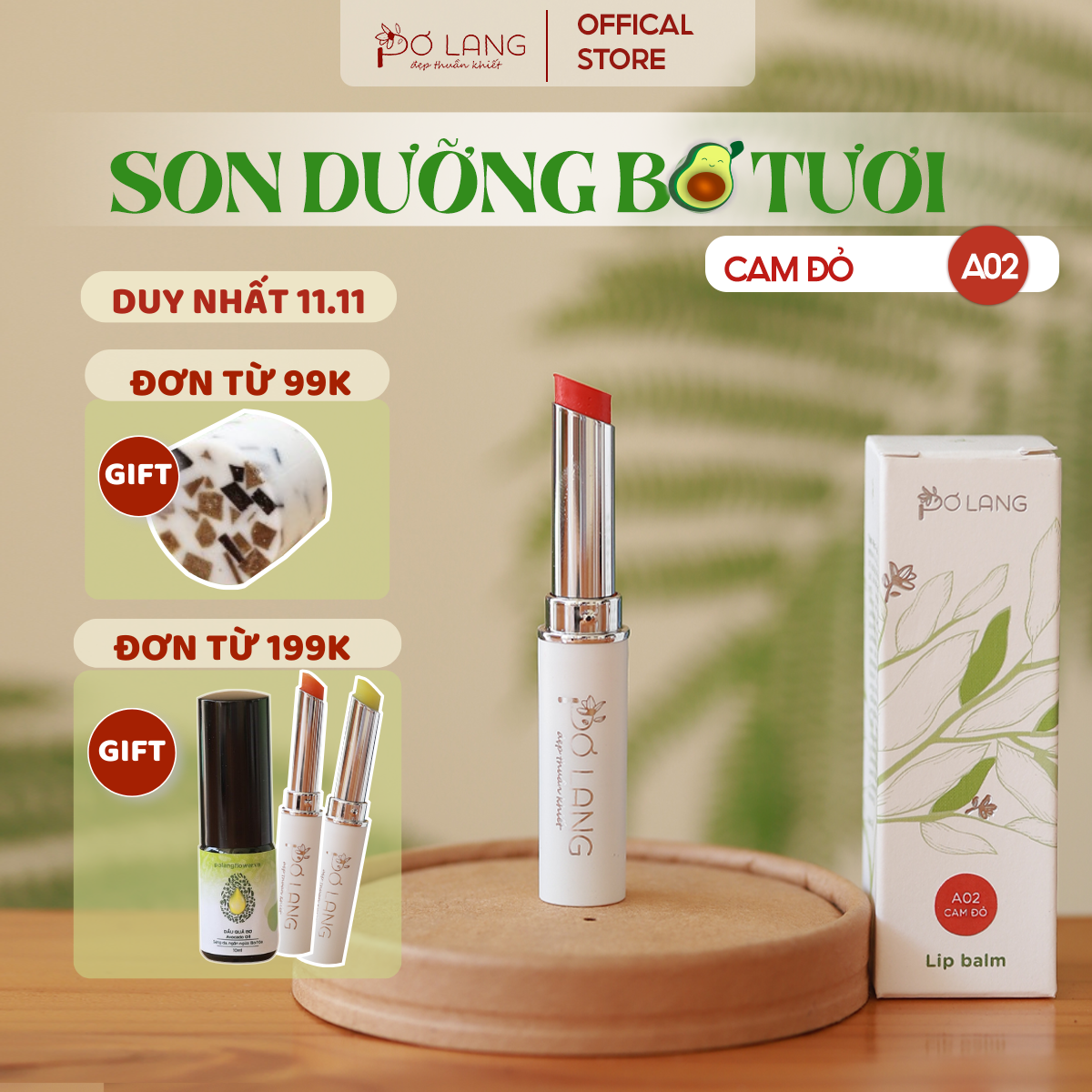 Son dưỡng môi có màu Cam Đỏ giảm khô môi dưỡng hồng môi từ trái Bơ Pơ Lang thỏi 5gam A02