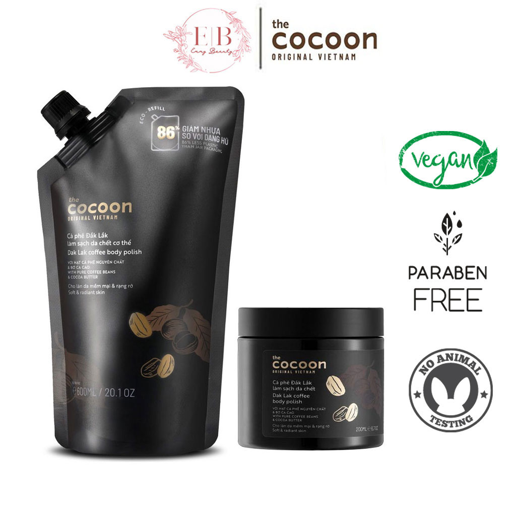 Tẩy da chết cơ thể cà phê Đăk Lăk Cocoon 200ml - 600ml giúp da sạch sáng mịn đều màu